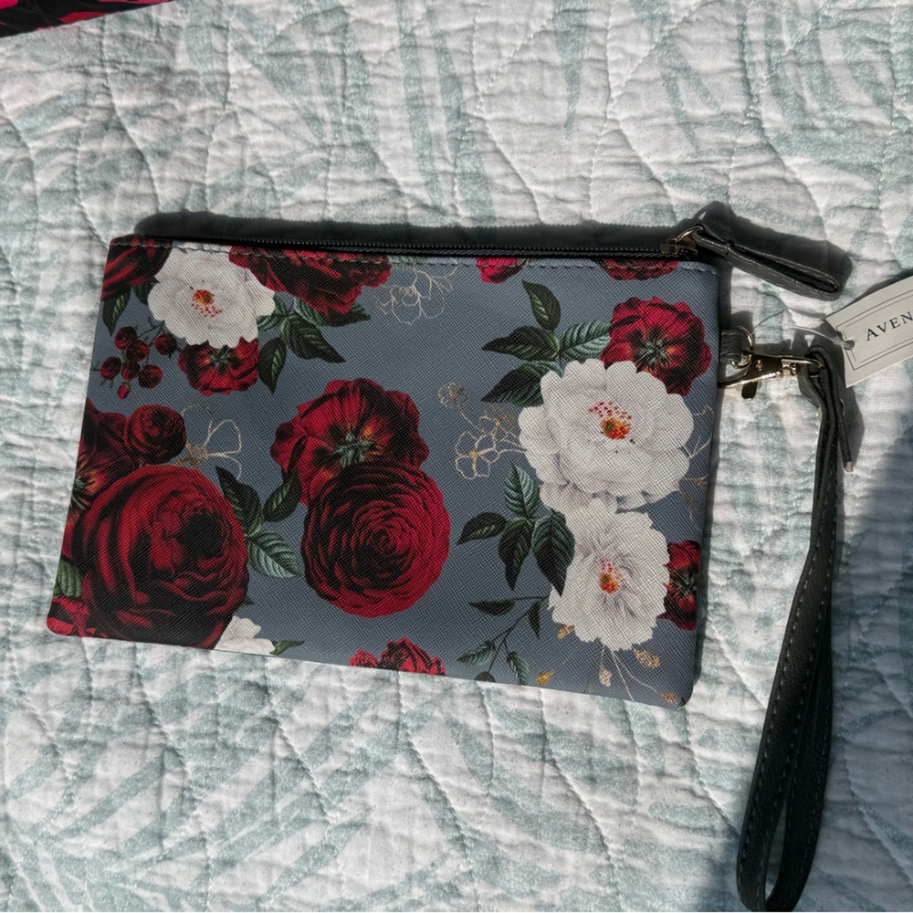 Grey Red and White Floral Clutch Wristlet Brag